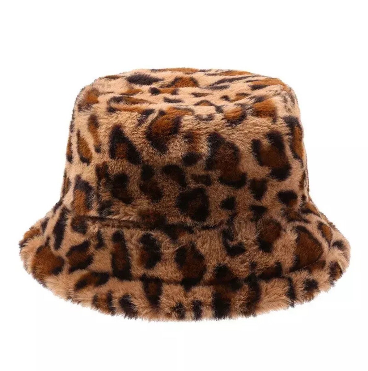 Women Leopard Print Faux Fur Hat Winter Warm Plush Fisherman Cap