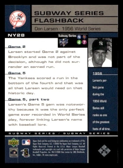2000 Upper Deck Subway Series Don Larsen #NY28 New York Yankees ~ $.99 Ship! - Image 2 of 2