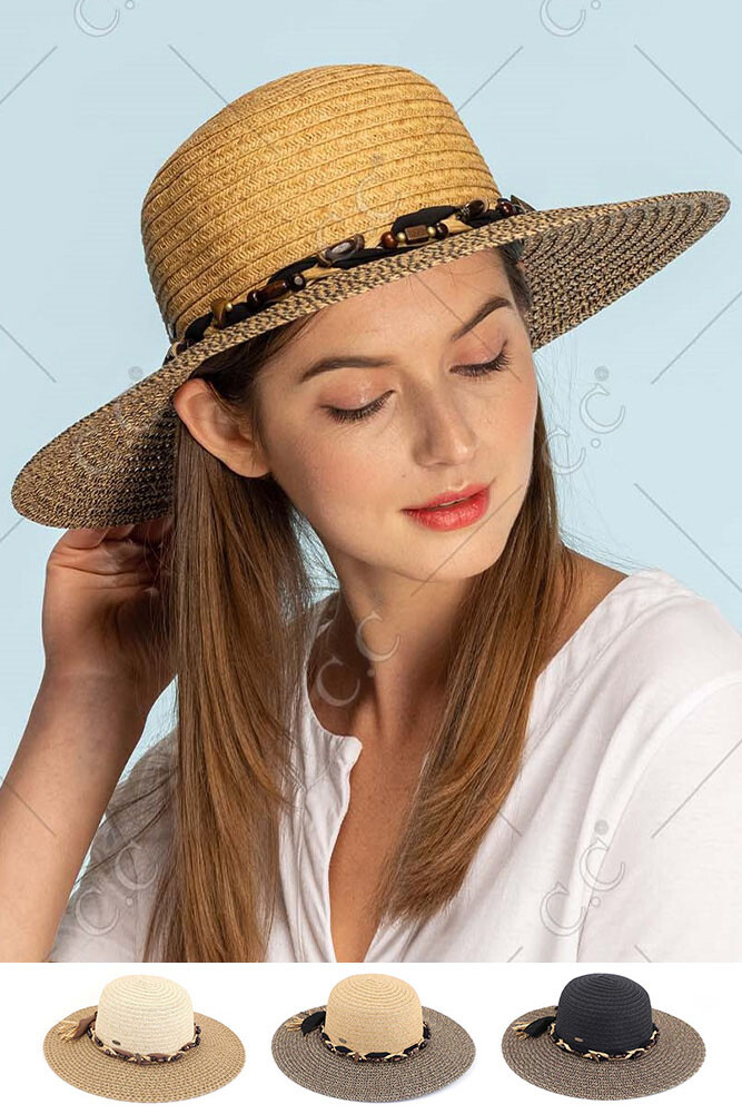 C.C Women Two Tone Wide Brim Fancy Braids Trim Wooden Beads Straw