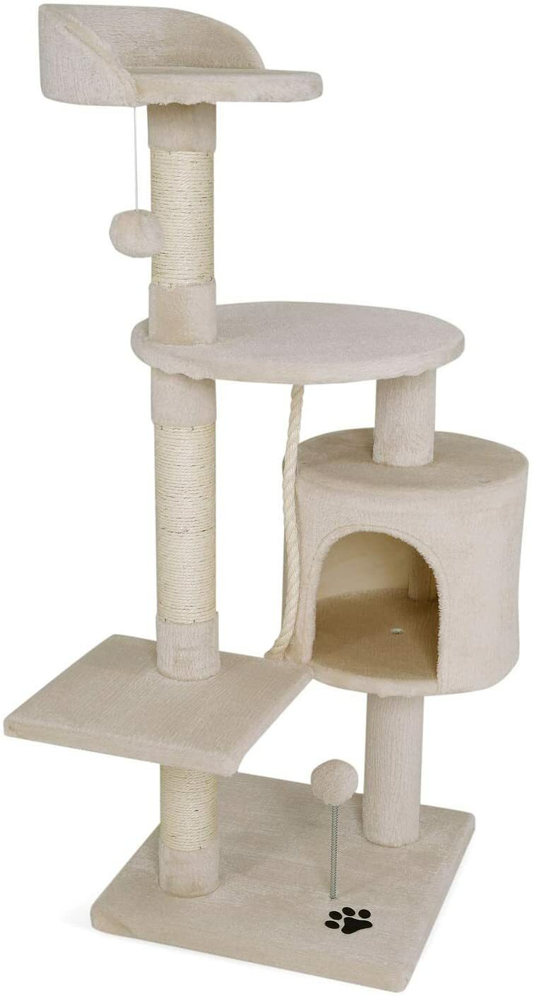Arbre à chat beige de 112 cm avec griffoir et 2 balles de jeu