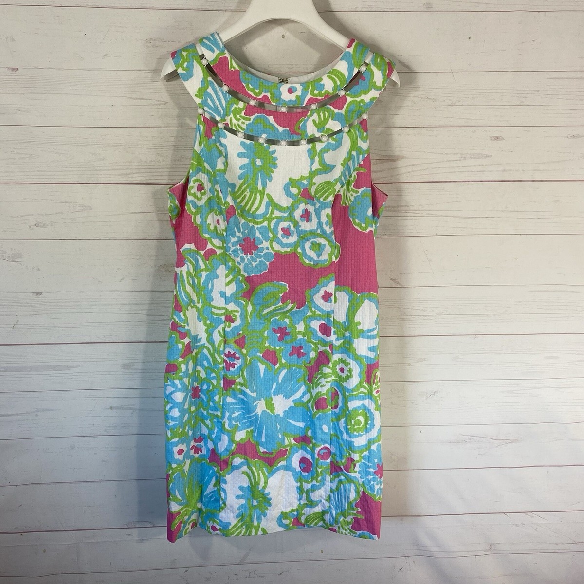 lilly pulitzer cotton tank dress Lindy Beaded Mini Sz 4 Blue/Pink Textured Lined moiré in armholes Mastro's Ocean Club Scottsdale Pima cotton Variant:Size 10