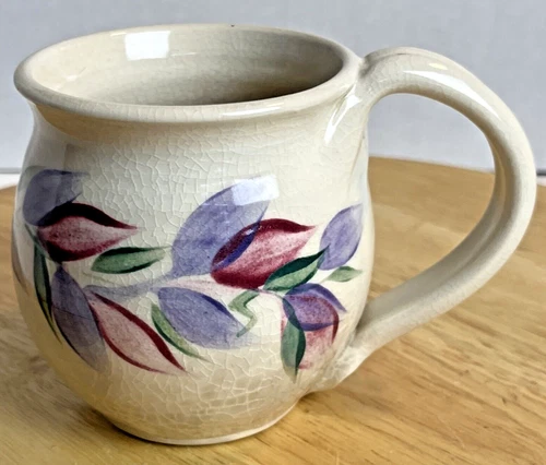 Signed Studio Art Stoneware Pottery Coffee Tea Mug Floral Handmade Crackle Glaze