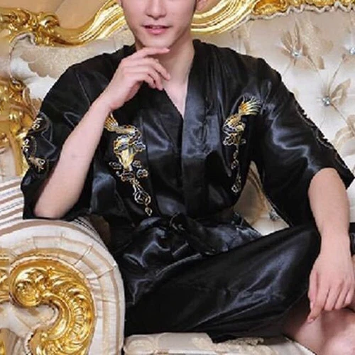Men Satin Chinese Dragon Kimono-Silk Bathrobe Pajamas Sleepwear Gown Bath Robe - Imagen 32 de 52