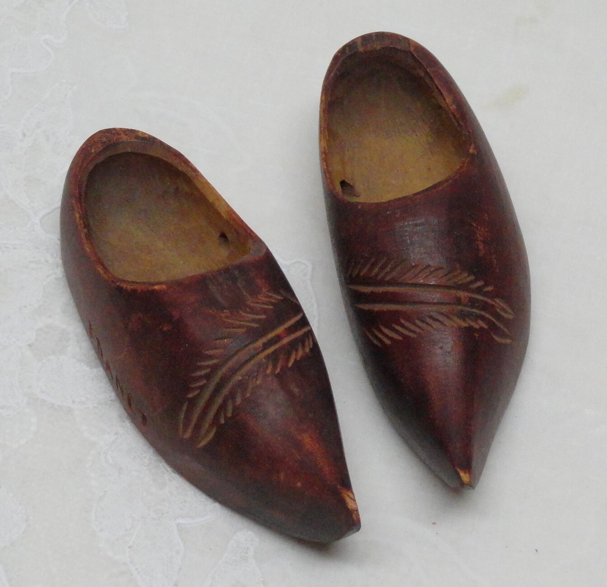 France Wooded Shoes in Minature Signed France Vintage Clogs