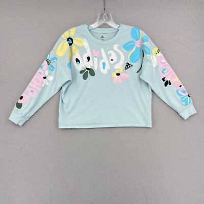 Adidas Girls Jersey Logo Graphic Tee Size Medium Blue Long Sleeve Crewneck