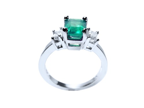 2.05 TCW Natural Emerald and Baguette Diamonds Engagement Ring 18K White Gold - Picture 5 of 12