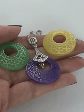 Genuine Interchangeable 3 Carved Jade Discs & White Topaz Silver Pendant 18 + 2"