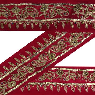 Vintage saree Border Indian Wrap Embroidered Sewing 1YD Plum Trim Used Ribbon