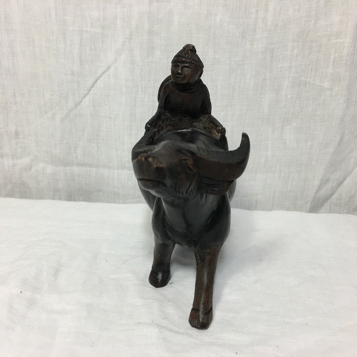 Man Riding Cow Asian Wood Hand Carved Figurine Statue Bull Chinese