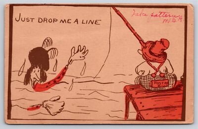 Comic~Just Drop Me A Line~Fisherman On Dock & Lady In Water~PM 1906~Vtg Postcard