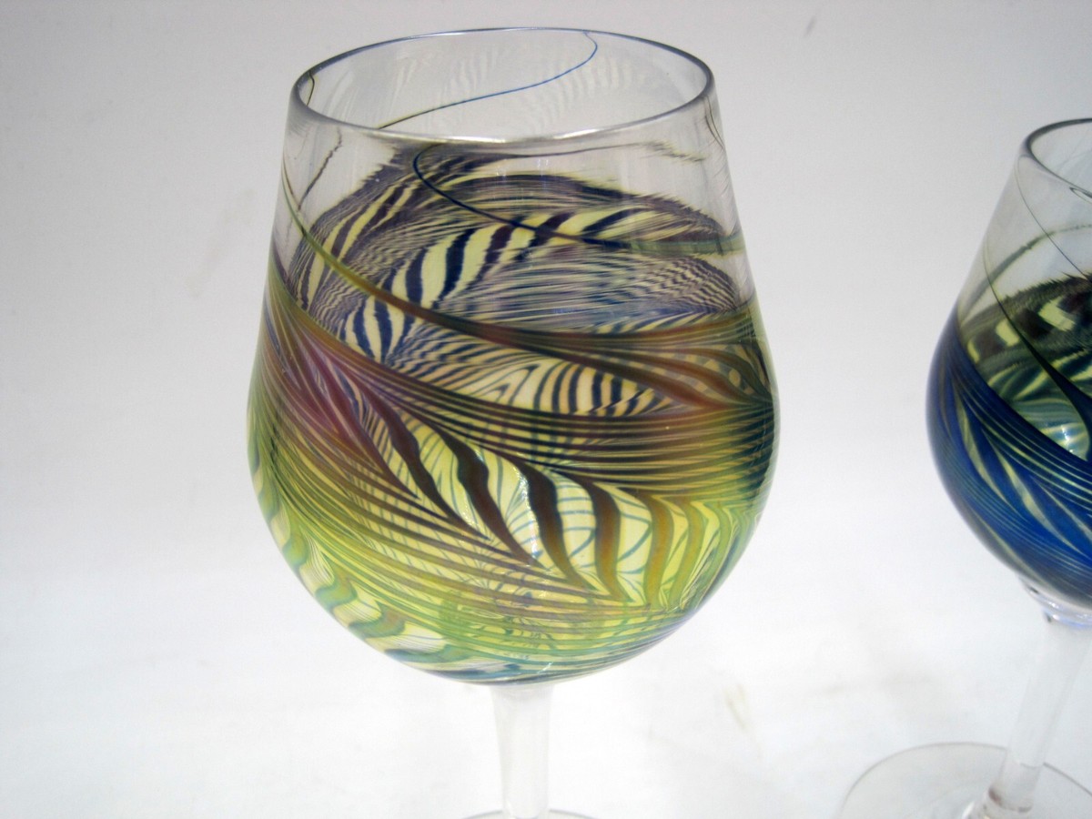 Hand Blown Skookum Robert Held Iridescent Art Glass Wine Goblets