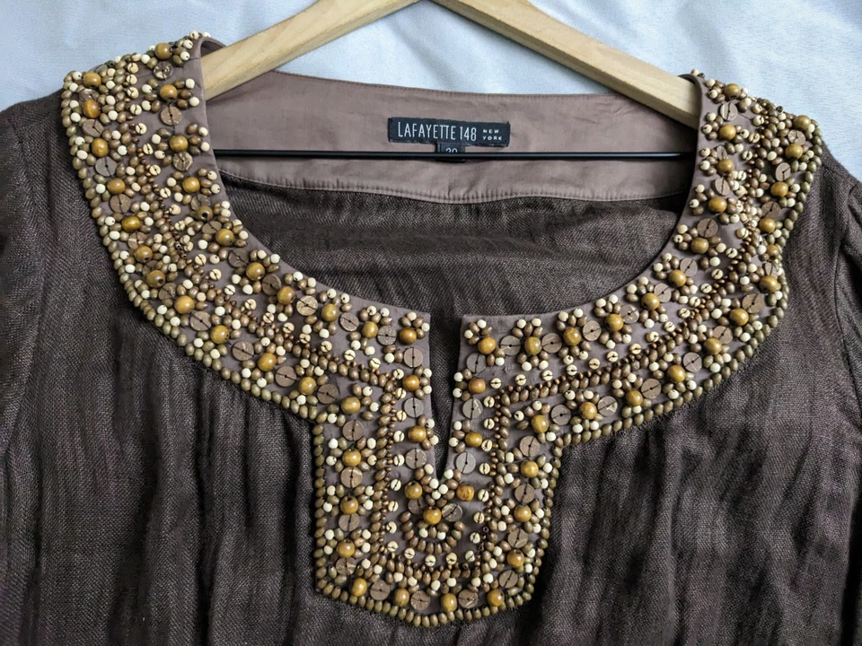 Top túnica Lafayette 148 para mujer talla 20 marrón lino cuello con cuentas popover Lagenlook Foto 3 de 4