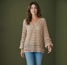 Top túnica encaje fiesta costera mangas 3/4 ganchillo Adelita Soft Surroundings M