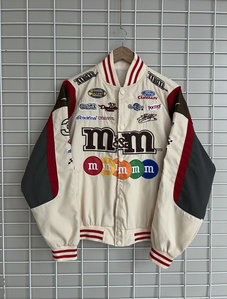 M&M Nascar Racing Jacket Mens Size M Beige Varsity Embroidered