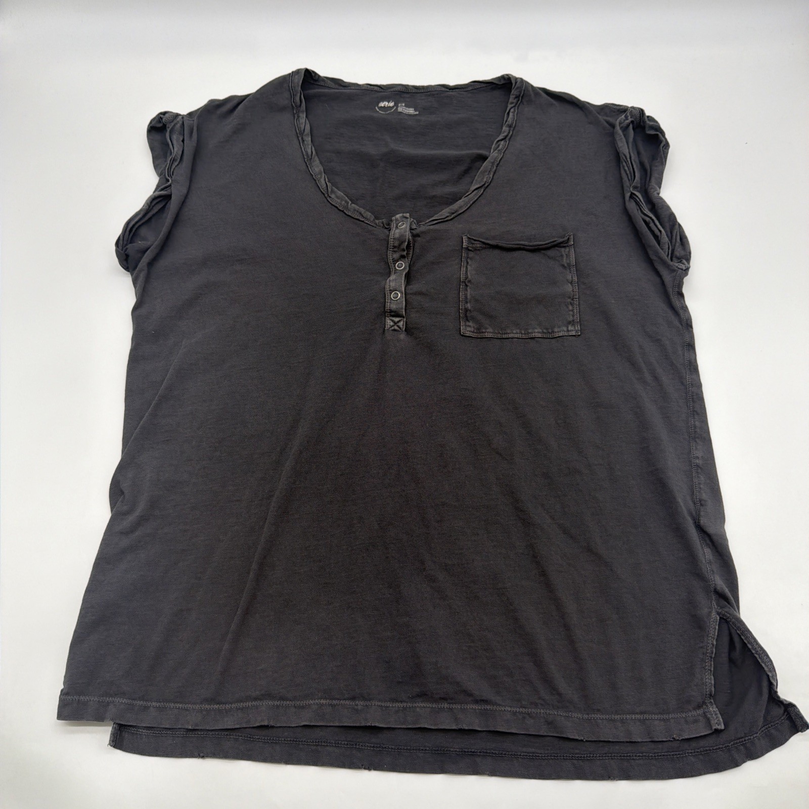 Aerie Find Happy Every Where Henley T-shirt Women M Dark Gray Pocket .#45596