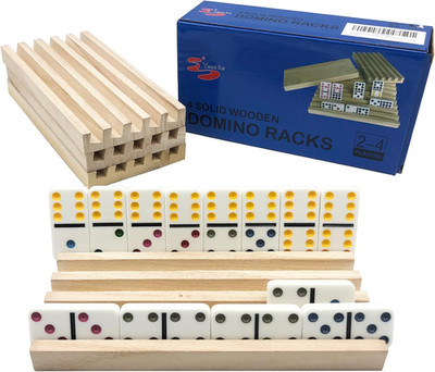 Domino Holder Trays Rack - Set of 4 Wooden Tiles Stand Holders for Mexican Train