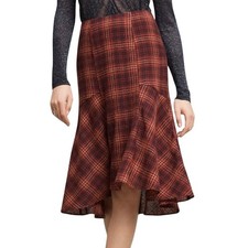Anthropologie Maeve Crimson Plaid Wool Flounce Hem Midi Skirt US 6 Academia Prep