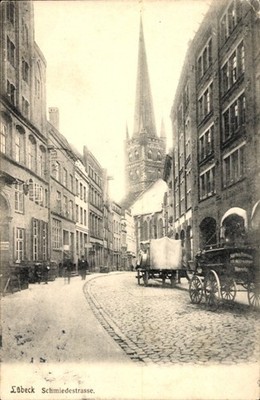 Ak Hansestadt Lübeck, Fuhrwerke in der Schiedestraße - 4282898