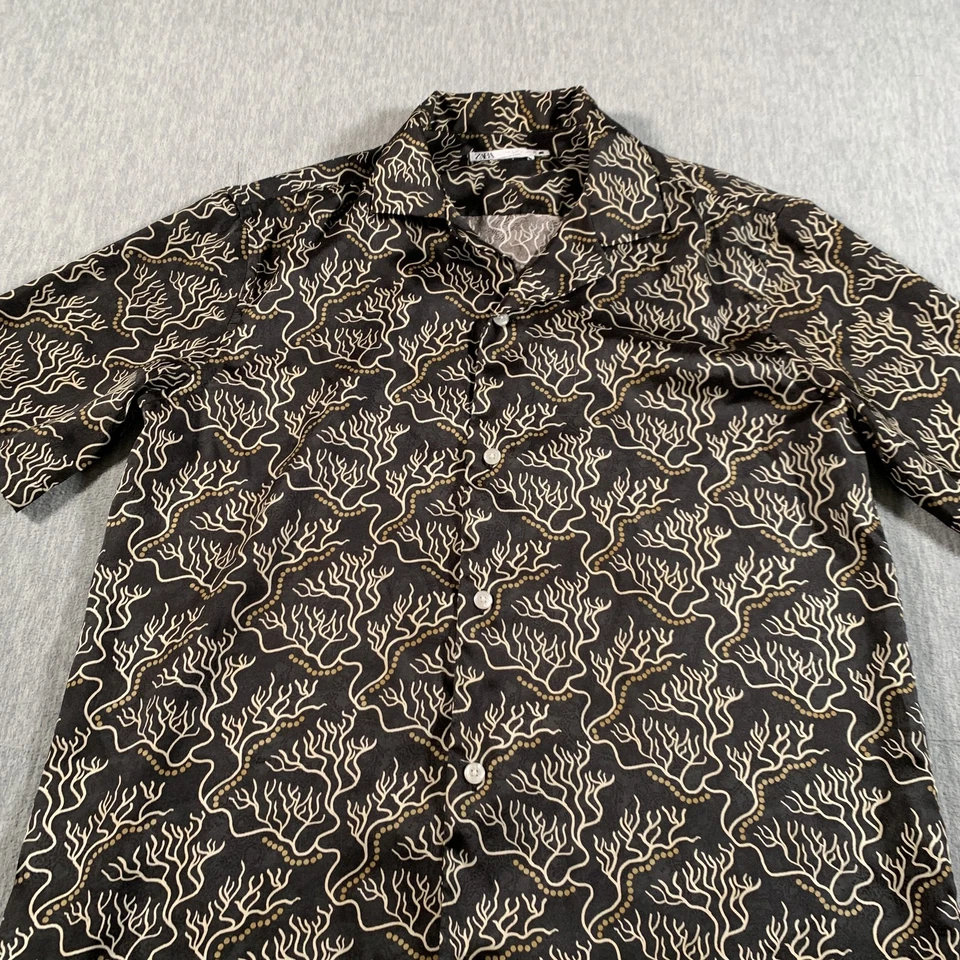 Zara Shirt Mens Small Black Tan Regular Fit Abstract Coral Print Short Sleeve - Image 2 of 4