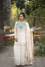 Chinon Silk Beautiful White Top Palazzo With Dupatta For Indian Function Wear