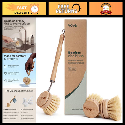 Eco-Friendly Bamboo Dish Brush Set - 3 Replacement Heads, Plastic-Free Kitchen S