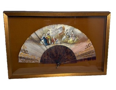 Vintage Framed Hand Painted Fan   Signed V. Pasteur   Victorian Scene Shadow Box
