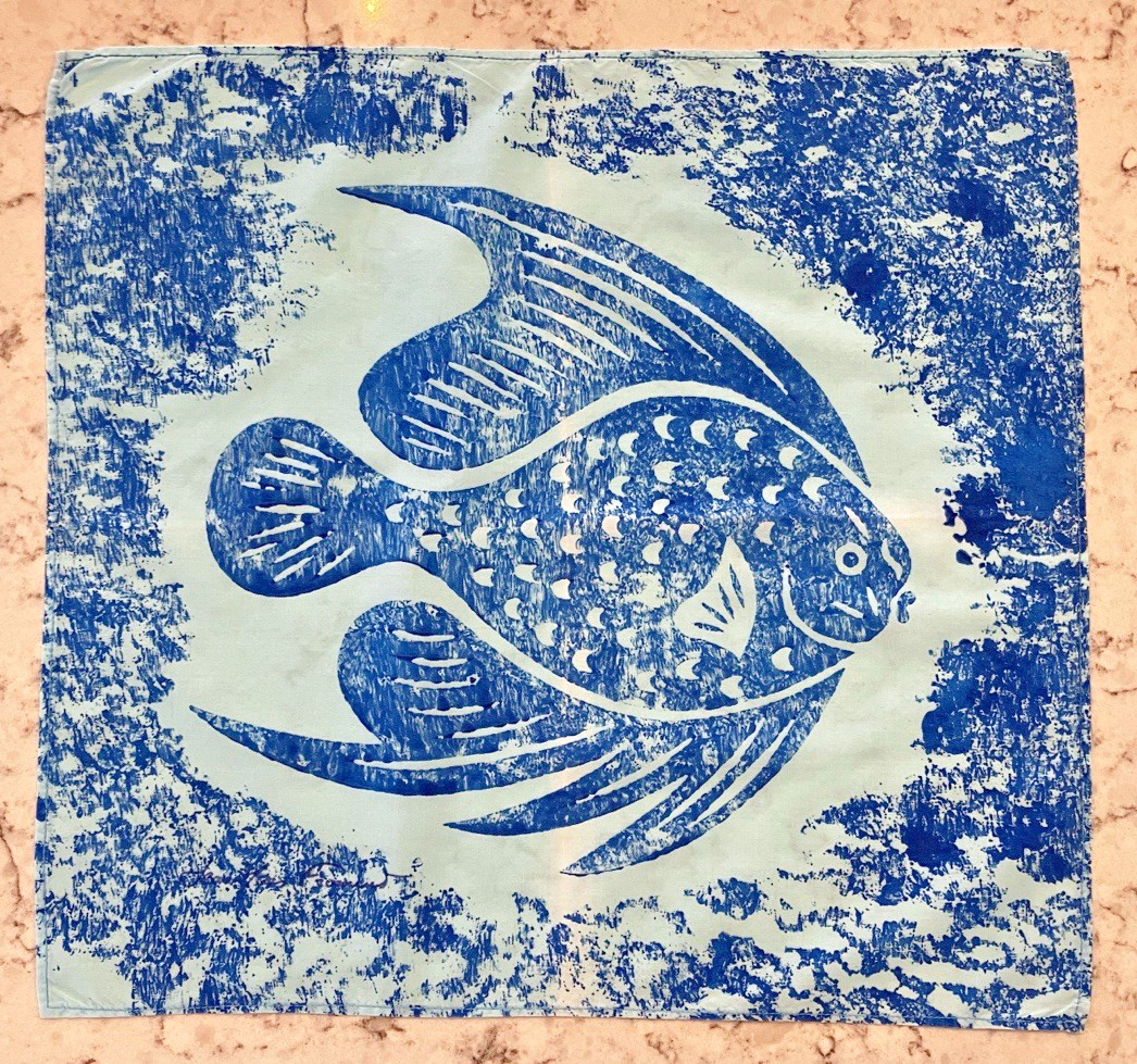 Jean-Yves Froment Fish Woodblock Fabric Art 16x16" St. Barth Studio Signed