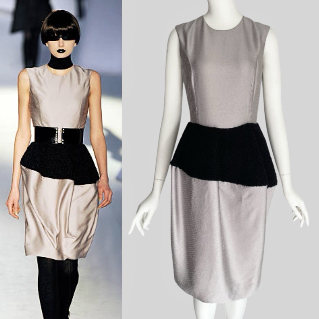 Abito Yves Saint Laurent A I 2008 Runway Taupe Seta Ecopelliccia Avant Garde Taglia 38