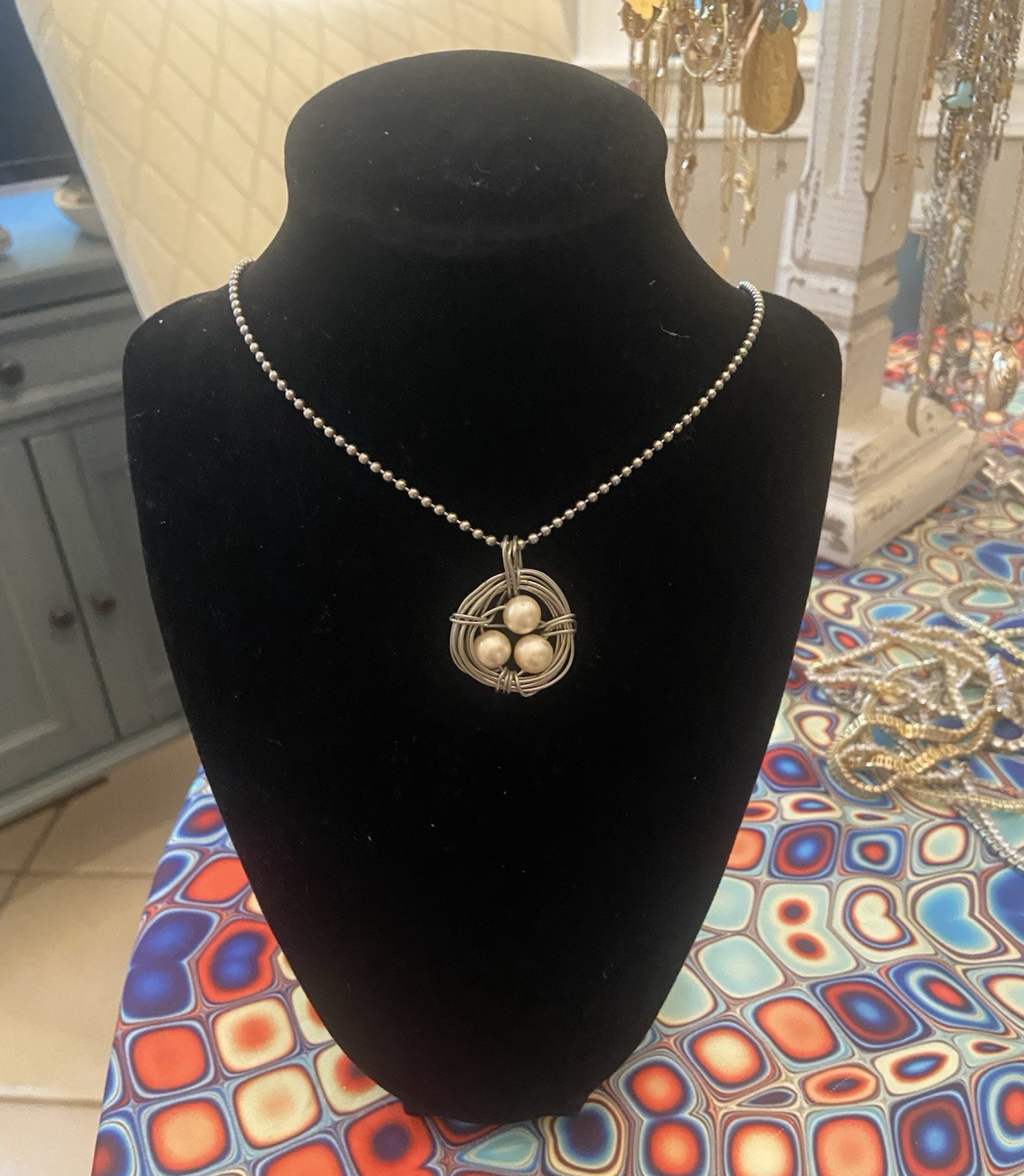 Silver Tone Ball/Bead Chain Pendant Necklace w/ Round Charm, Imitation Pearl