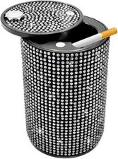 Car Cigarette Ashtray with Lid, Stainless Steel Bling Crystal Dia Color: White