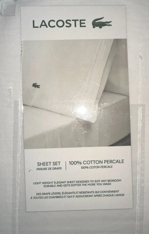 Conjunto de lençóis queen size Lacoste percal sólido 100% algodão logotipo crocodilo branco novo - Imagem 2 de 4