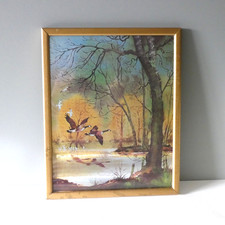 Vintage Foil Art Print Picture Landscape Wildfowl Birds Canada Geese 70s Framed