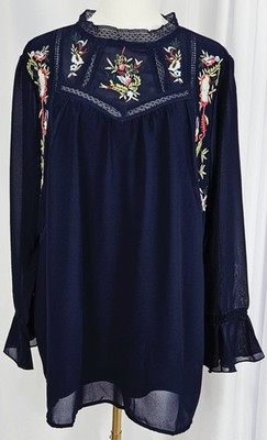 SO PRETTY! Indigo Thread Co Sz 1X Embroidered Navy Boho Peasant Blouse Tunic Top