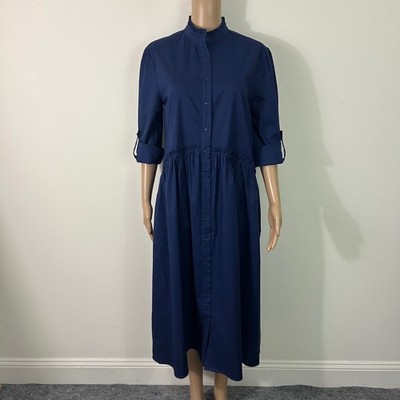 Taylor Tillman Navy Blue Cotton Poplin Ruffle Drop Waist Midi Shirt Dress Small