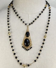 Vintage Gold Tone Black Bead Victorian Revival Necklace Large Filigree Pendant