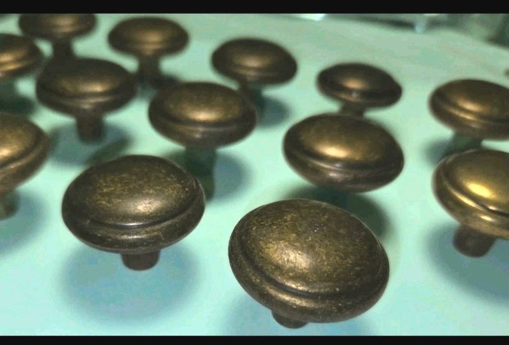 6- 1960 Brass Cabinet Knobs 1.25” Round Mushroom Drawer Pulls (3 Sets Avail)