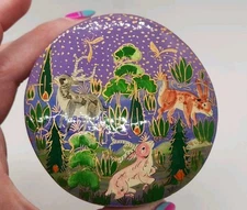 Hand Painted Kashmiri Laquer Paper Mache Trinket Box w/Forest Animals