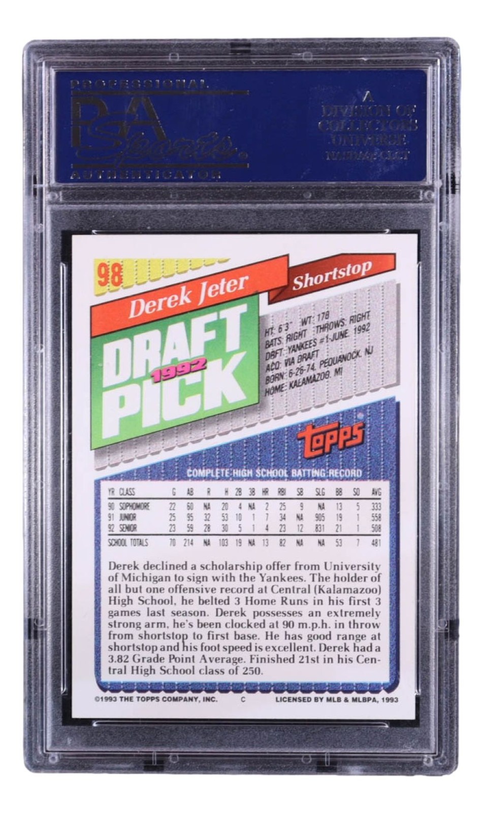 Derek Jeter Slabbed New York Yankees 1993 Topps #98 Rookie Card PSA Mint 9 view 2