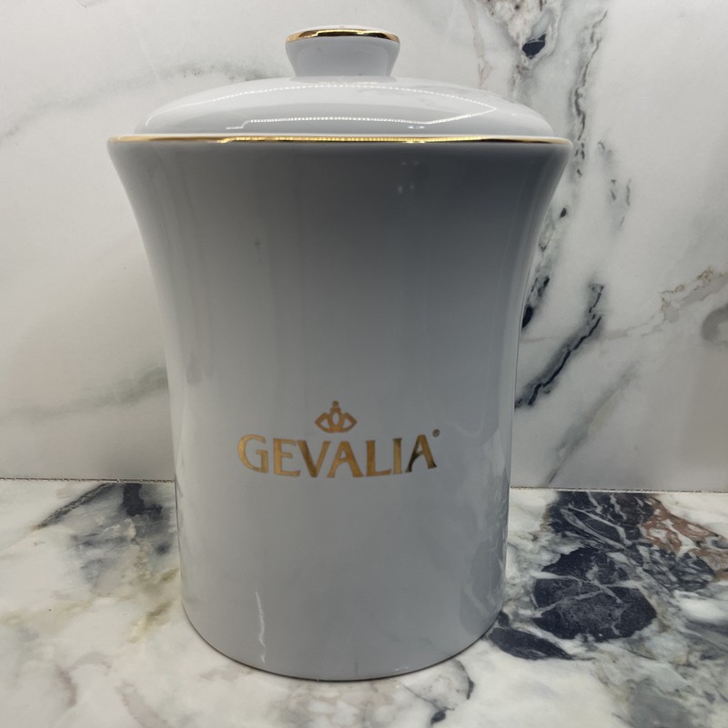 GEVALIA Ivory & Gold Trim COFFEE STORAGE COOKIE JAR CROCK CANISTER w/TIGHT SEAL