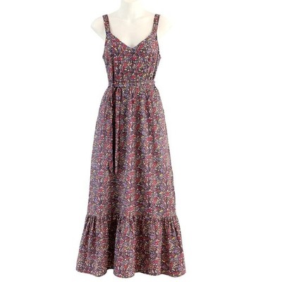 j crew factory maxi dress J. Crew Factory Linen Blend Floral Maxi Dress Size 0 Navy Cottagecore  Ruffle Hem