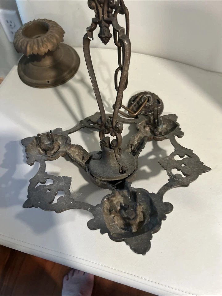 VINTAGE ART NOUVEAU CAST METAL 3 BULB CHANDELIER-FOR PARTS - Image 3 of 4