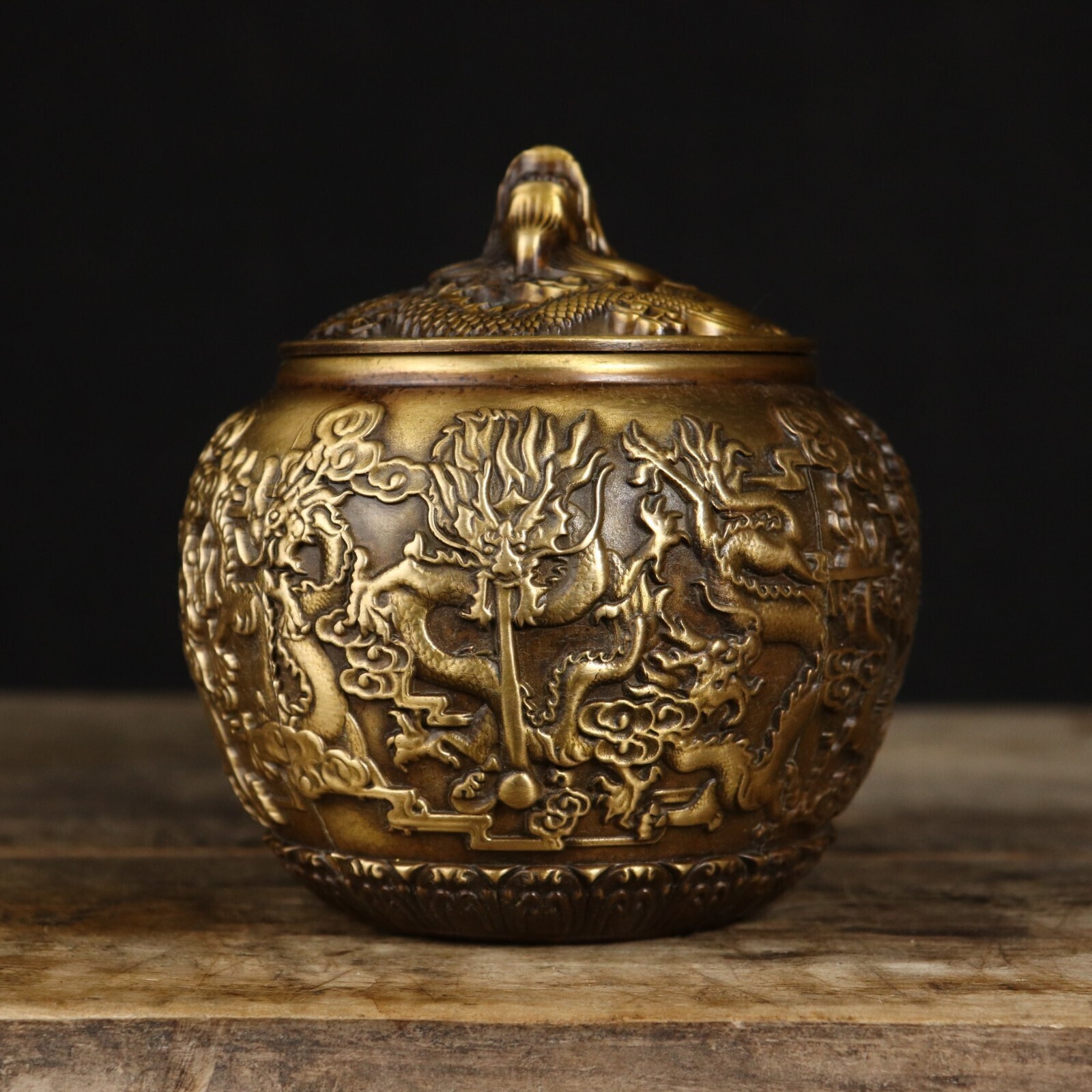 Antique Pure Copper Nine Dragon Tripitaka Jar with Colored Paper