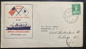1941 Sydney Australia Maiden Voyage First Day Cover To Canada MV American Press
