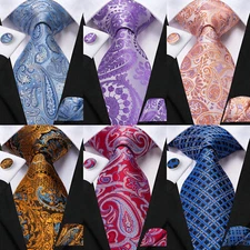 Red Burgundy Mens Tie Set Paisley Solid Necktie Hanky Cufflinks Wedding