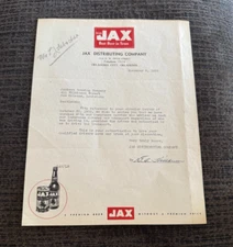 1952 JAX BEER BREWING NEW ORLEANS LA PAPER LETTERHEAD JAX DIST. OKLAHOMA CITY OK