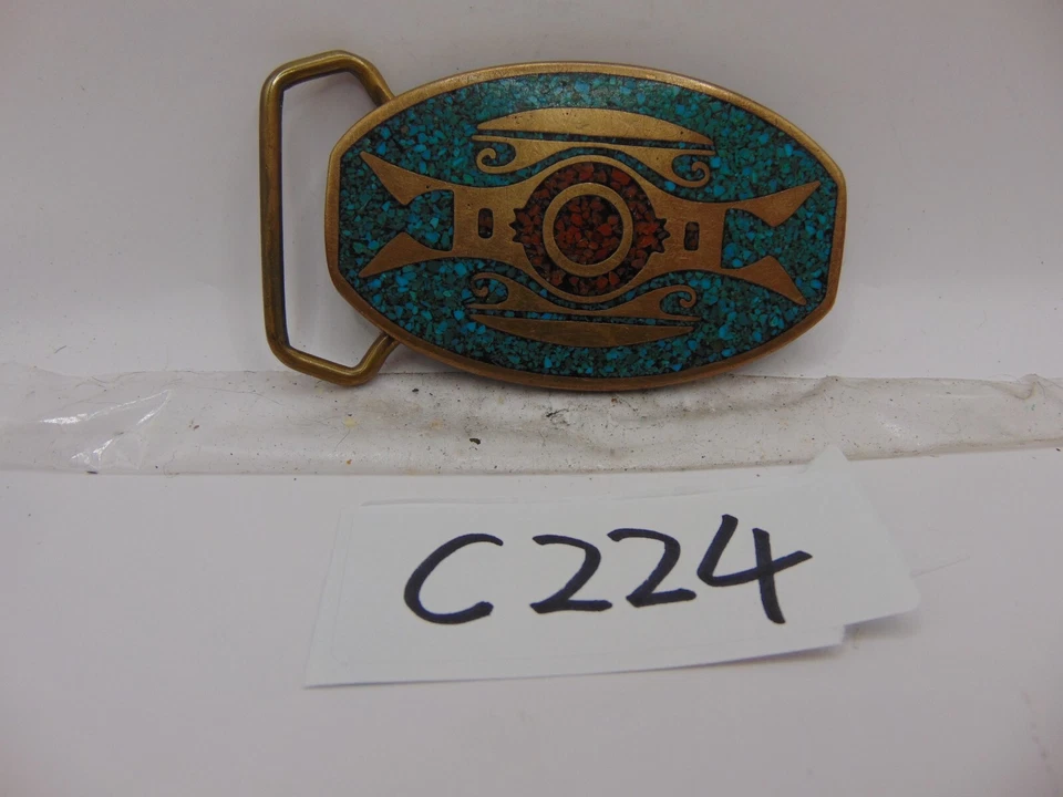 Hebilla de cinturón de latón macizo BTS estilo rojo y turquesa con incrustación de piedra vintage HECHA EN EE. UU. Foto 2 de 4