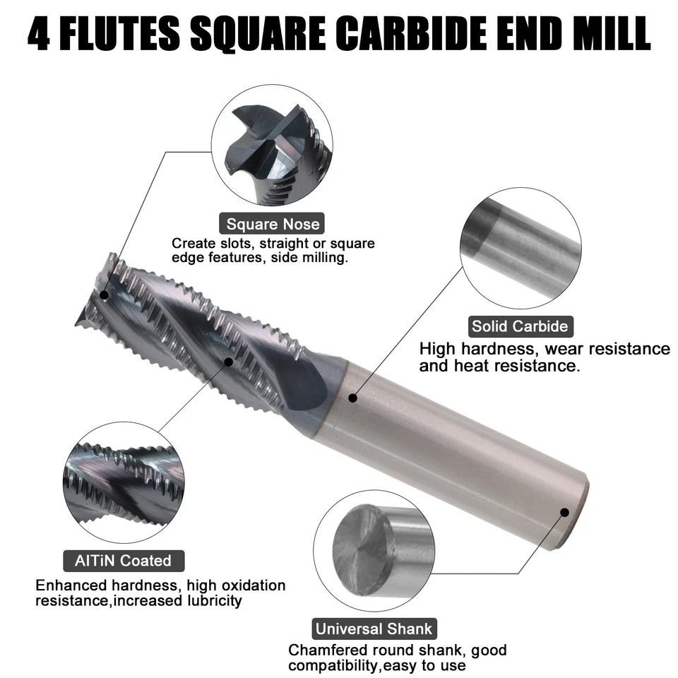 5件装4长笛1/2英寸x1-1/4英寸x3英寸实心硬质合金粗加工端铣刀-AlTiN涂层 — 第 2/4 张图片