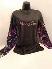 Muddy Girl Designs V-Neck Heather Gray Long Sleeve Shirt Pink Camo Sleeves Small