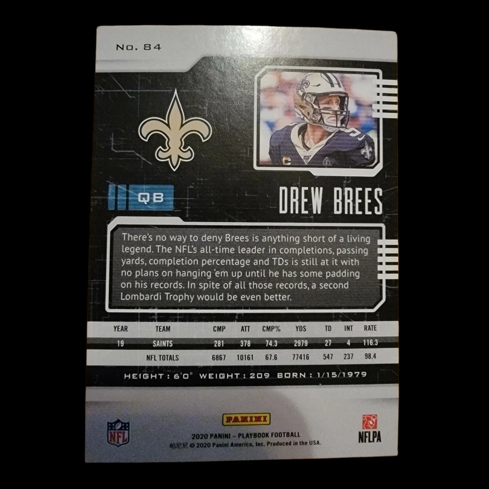 Drew Brees 2020 Panini Playbook New Orleans Saints #84 Football Card - Image 2 of 2