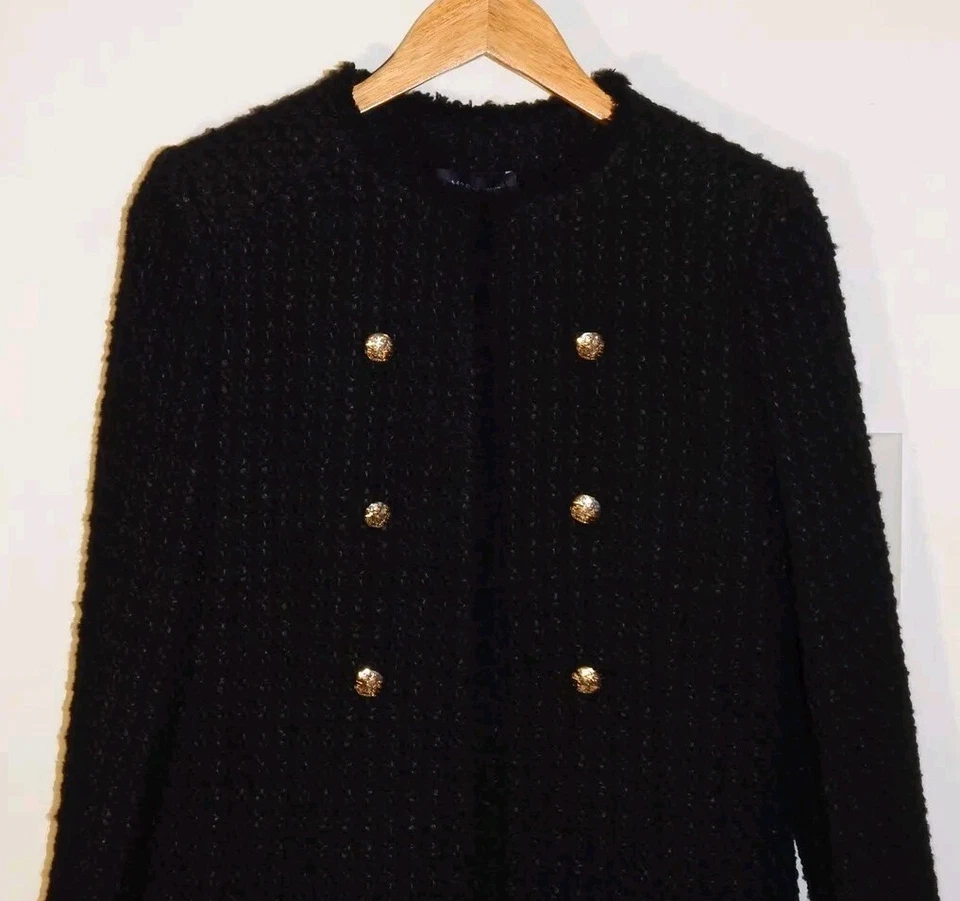 M&S Collection size 12 Black Tweed Straight Longline Blazer with Wool - Image 2 of 4